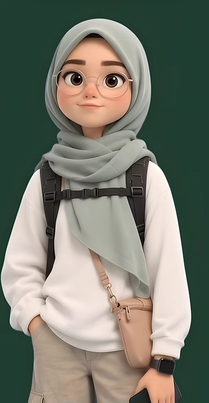 3D character of Dian wearing a sage hijab, glasses and a backpack, turning to look at your cursor